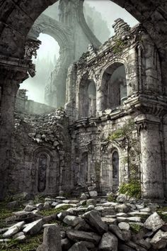 an old ruin with stone walls and arches in the foreground, surrounded by rocks