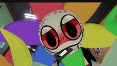 an animated character with big red eyes and black hair, standing in front of colorful balloons