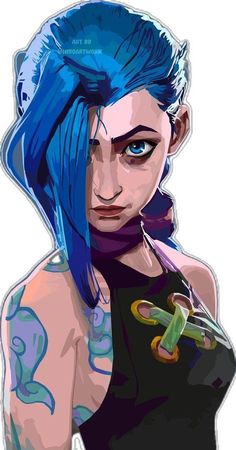 a woman with blue hair and tattoos holding scissors