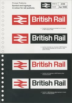 the british rail logo is shown in red, white and black on this paper sheet