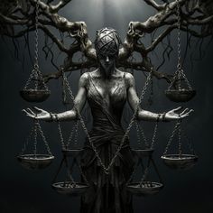 a woman with her hands in the air, holding two scales while standing next to a tree