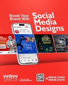 an advertisement for social media designs on a red background with the words, best your brand with