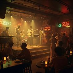 a group of people sitting at tables in front of a band