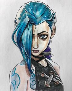 a drawing of a woman with blue hair