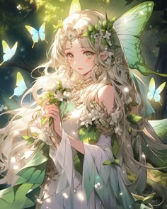 a woman in white dress holding flowers and butterflies