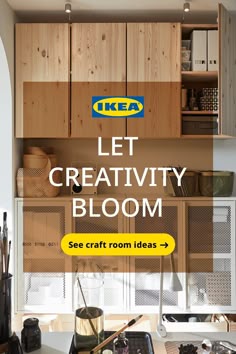 an advertisement for ikea's creativity bloom project in the kitchen with wooden cabinets