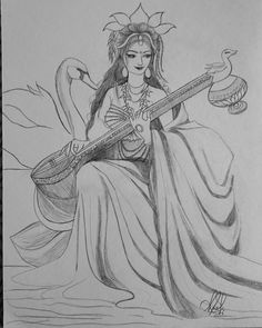 a pencil drawing of a woman with a guitar and snake around her neck, sitting on the ground