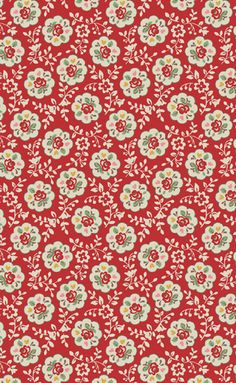 a red background with white and green flowers