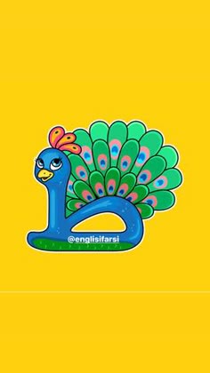 a blue bird with a red bow on it's head is standing in front of a yellow background