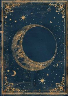a blue and gold book cover with an image of the moon in the sky above it