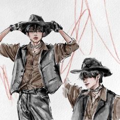 two people wearing hats and jackets walking down the street with their hands on their head