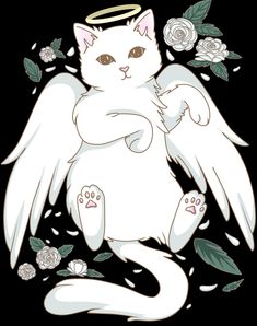 an angel cat with wings and roses around it