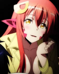 an anime character with long red hair and yellow eyes is staring at the camera while holding her hand up to her chest