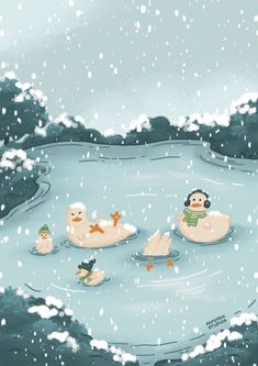 three ducks floating on top of a body of water in the middle of snow covered ground