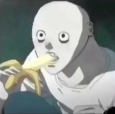 a cartoon character eating a banana with big eyes