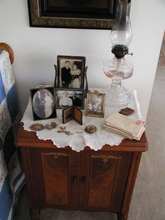 a table with pictures and other items on it