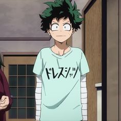 an anime character with green hair standing next to another person in a room and looking at the camera