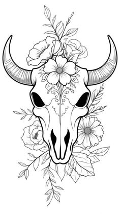 a bull skull with flowers and leaves on it's head, in black and white