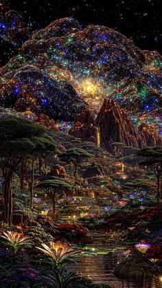 an image of a night sky with stars and trees in the foreground, surrounded by water