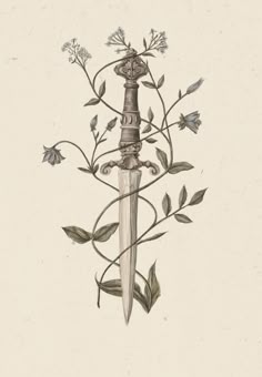 Floral Knife Tattoo Art, Dagger With Vines, Pretty Dagger Drawing, Dagger With Vines Drawing, Dagger With Vines Tattoo, Dagger With Flowers, Dagger And Flowers Drawing, Dagger With Floral Design Sketch, Floral Dagger Illustration