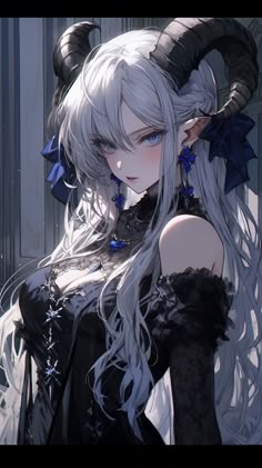 an anime character with long white hair and horns