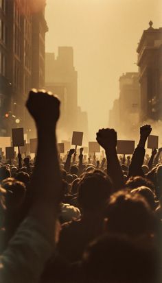 many people are holding up signs in the air