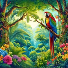 a painting of a parrot perched on a tree branch in the middle of a jungle