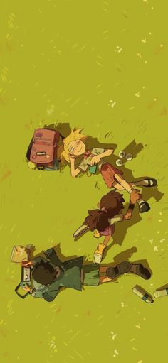 three people standing in the grass with their backs to each other and one person holding a backpack