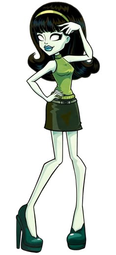a cartoon girl with long black hair and green shirt, holding her hands behind her head