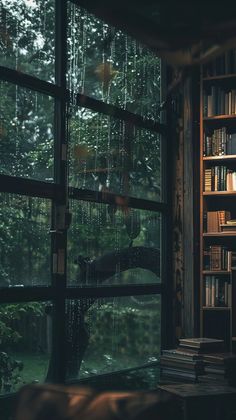 a book shelf filled with lots of books next to a window covered in raindrops