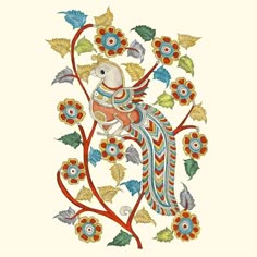 a bird sitting on top of a tree branch with leaves and flowers around it's neck