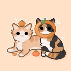 an orange and black cat sitting next to a brown and white cat with a ring on it's head
