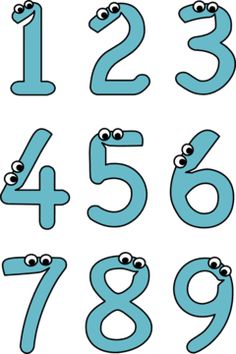 the numbers with eyes are blue and have googly eyes, one for each number