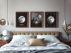 three posters on the wall above a bed in a bedroom with white sheets and pillows