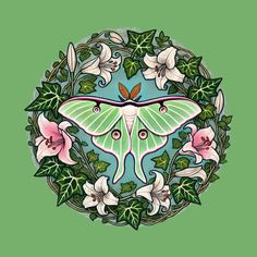 a white moth with green leaves and pink flowers on it's wings, in a circular