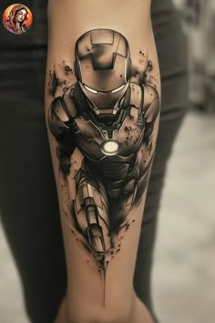 this is an image of a man's leg with a iron man tattoo on it