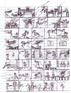 some drawings on lined paper with people doing different things