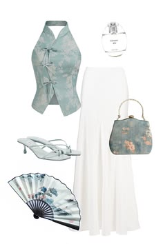 Seafoam green Chinise style halter top with frog closures (cheongsam-inspired), white maci skirt, seafoam green kitten heels, handbag and a fan, Kimono perfume Modern Chinese Fashion, Cheongsam Top, Junior Fashion, Seafoam Green, Cheongsam, Fashion Magazine, Halter Top, Kitten Heels, Urban Outfitters