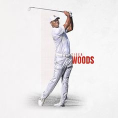 a man swinging a golf club with the words tiger woods on it in front of him