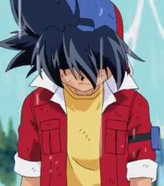 an anime character with black hair wearing a red jacket