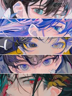 four anime characters with different colored eyes