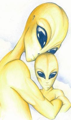 an alien couple hugging in the snow with their eyes open and one looking at the camera