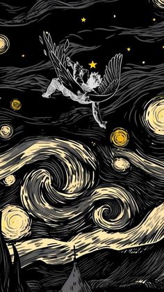 an image of a bird flying in the night sky with stars and swirls on it
