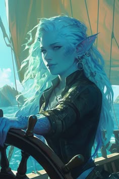 a woman with white hair sitting on top of a boat