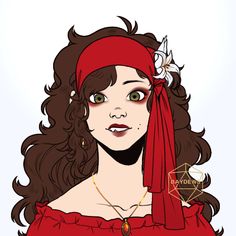 a drawing of a woman with long hair wearing a red bandana and holding a bird on her head