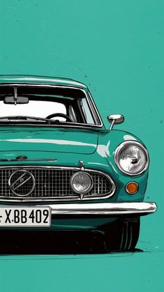 an old green car is shown on a blue background