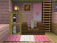 an image of a living room in the minecraft style with pink walls and wood flooring