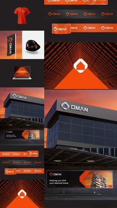 an orange and black business card with the name oman on it's side