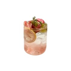 a drink with strawberries and lemons in a glass on a white background,