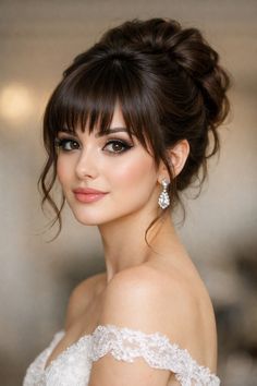 Wedding Hair With Bangs, Bride With Bangs, Princess Updo, Wedding Hair Bangs, Historical Hairstyles, Bun Updo, Wedding Hairstyles With Veil, Pearl Hair Piece, Mom Hairstyles